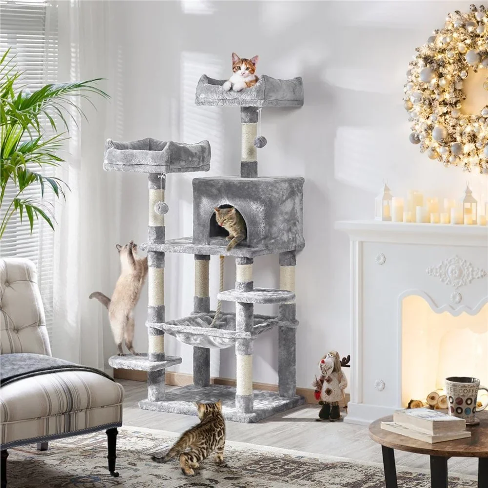 58-in Cat Tree & Condo Scratching Post Tower, Gray